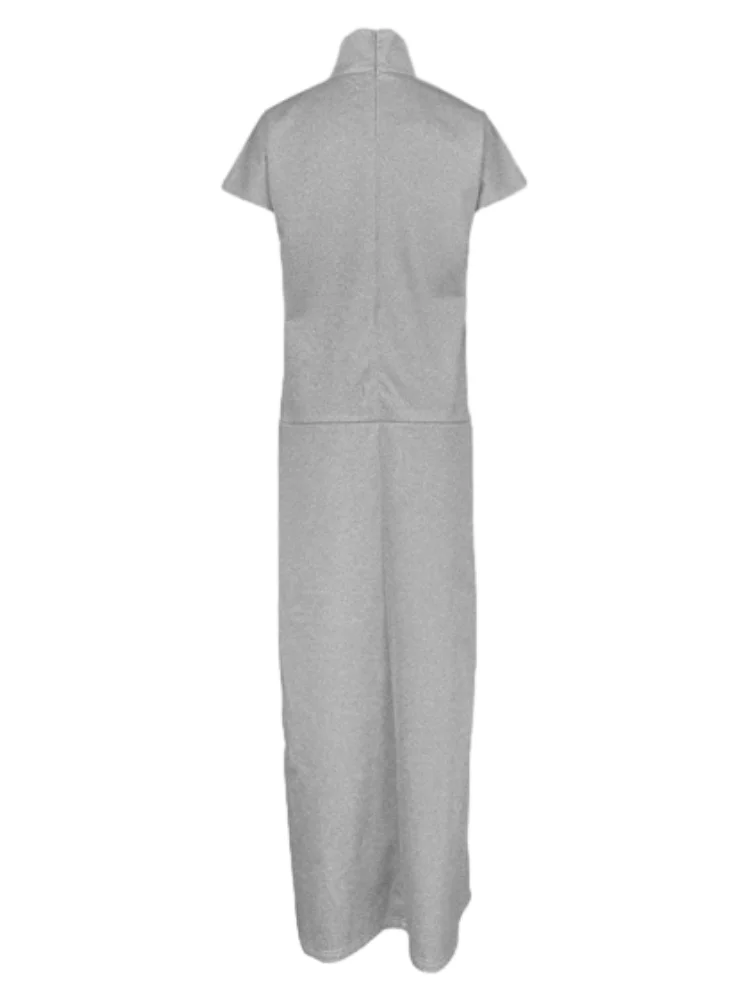 Freeacy Solid Gray Women's Casual Dress High Neck Short Sleeves Split-joint H-line Loose Fit Maxi Dresses Summer Stylish Outfits