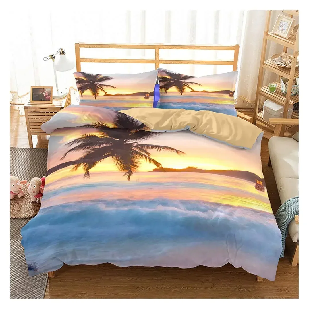 Ocean Duvet Cover Set Queen Size Tropical Island with The Palm Trees and Sea Beach Nature Theme Print Twin Bedding Set for Teens