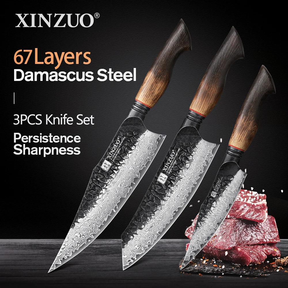 

XINZUO 3-piece knife set, 67-Layer Damascus Marvel, forged with super steel, offers unrivaled durability and sharpness