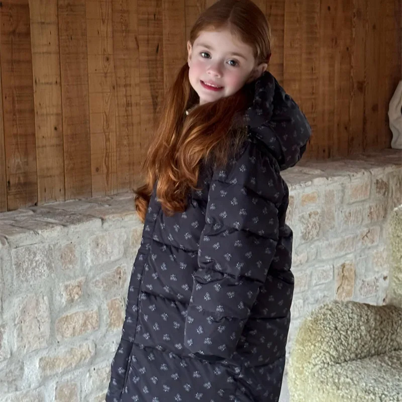 

2025 Autumn Winter New Korean Children Thick Medium Long Down Jacket for Girls Floral Down Jacket