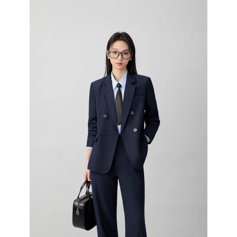 Navy blue double-breasted professional suit for women, new spring and autumn commuter formal blazer, elegant interview workwear