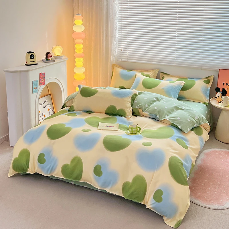 1PC All-Season Duvet Cover: Light Yellow with Green & Blue Heart Pattern, Skin-Friendly for Single/Double/Queen/King Beds