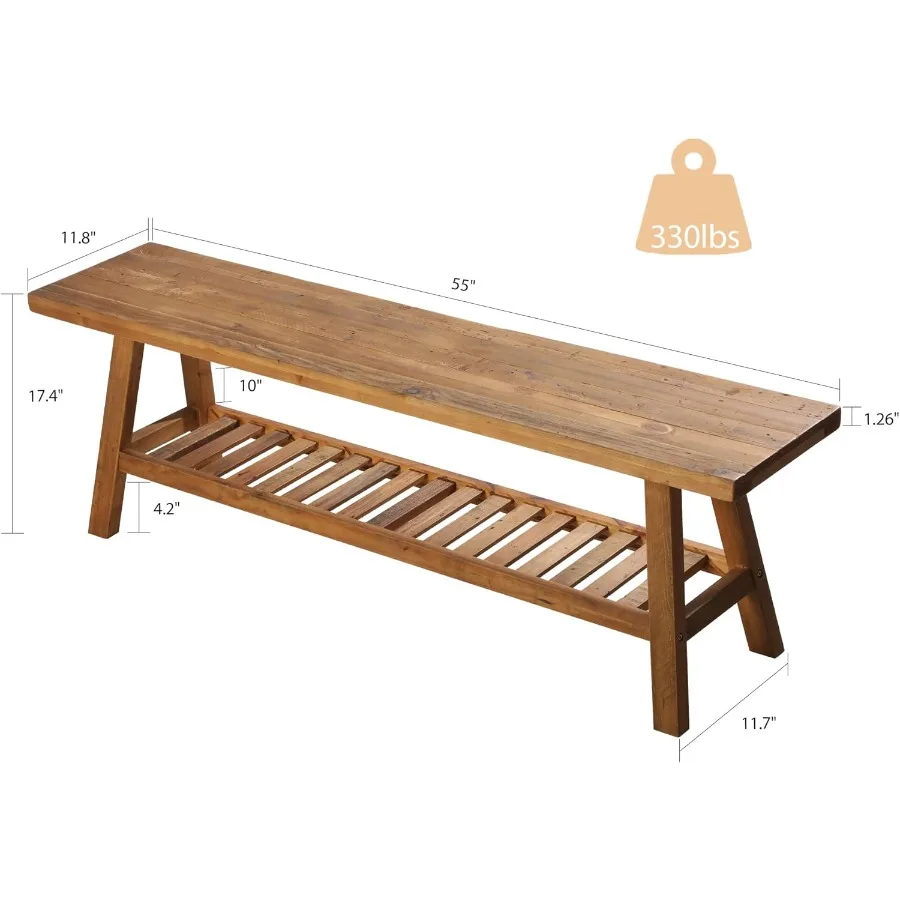 再生木材製ベンチ 長さ55インチ 素朴な農家風玄関ベンチ 隠し収納棚付き 狭い廊下に最適