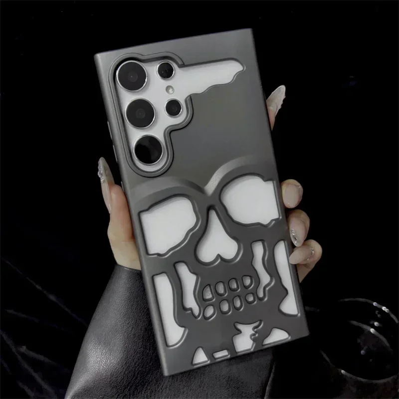 3D Matte Metallic Color Hollow Out Skull Hard Phone Case For Samsung Galaxy S23 S24 Ultra S23 S24 Plus Shockproof Luxury Cover