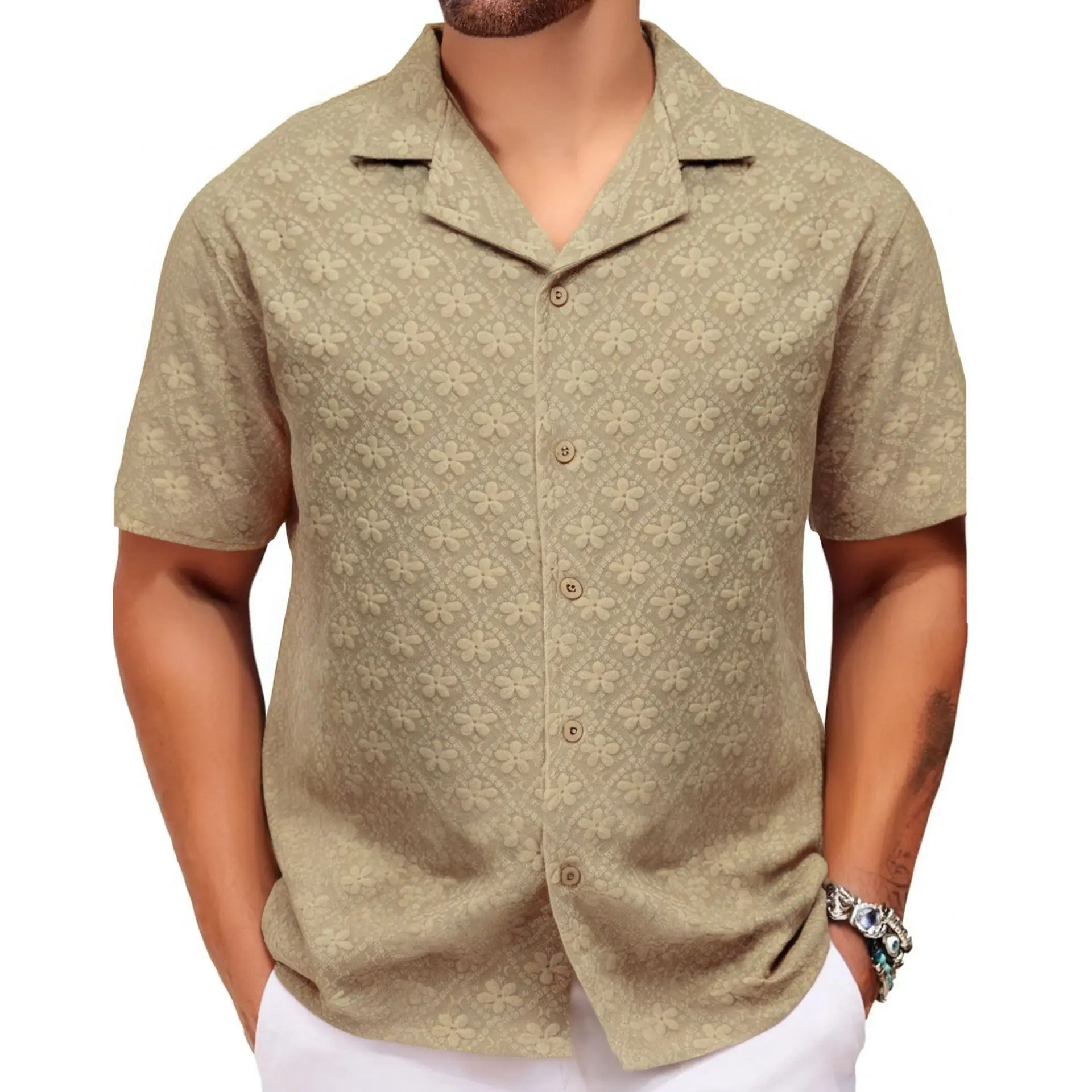 Summer Men's Casual Shirt Jacquard Fabric Lapel Short Sleeved Shirt Streetwear Men Clothing