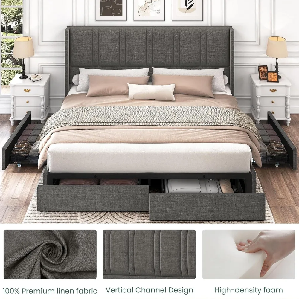 King Size Linen Upholstered Platform Bed Frame, Wingback Headboard & Storage Drawers & Wooden Parts, Customized