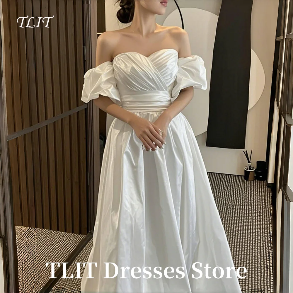 

TLIT White A-Line Off-Shoulder Wedding Dress Strapless Prom Gowns Korea Bridal Dress PhotosShoots Taffeta Silk Customized Gown