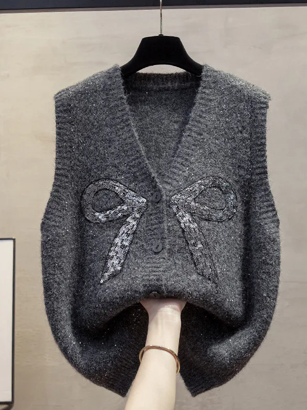 

Блестящий вязаный жилет без рукавов с пайетками, женский, весенне-осенний, свободный, стройнящий, простой, верхняя одежда, топ с V-образным вырезом, на одной пуговице