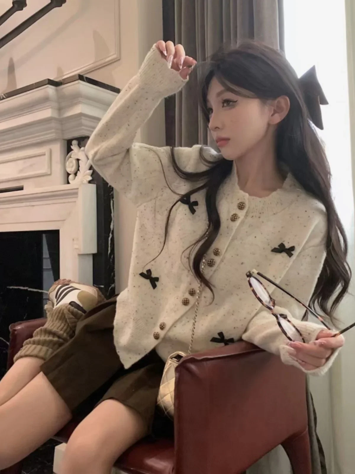 Pull femmes début du printemps noeud mince longue carte coréenne douce fille petit rond tricoté