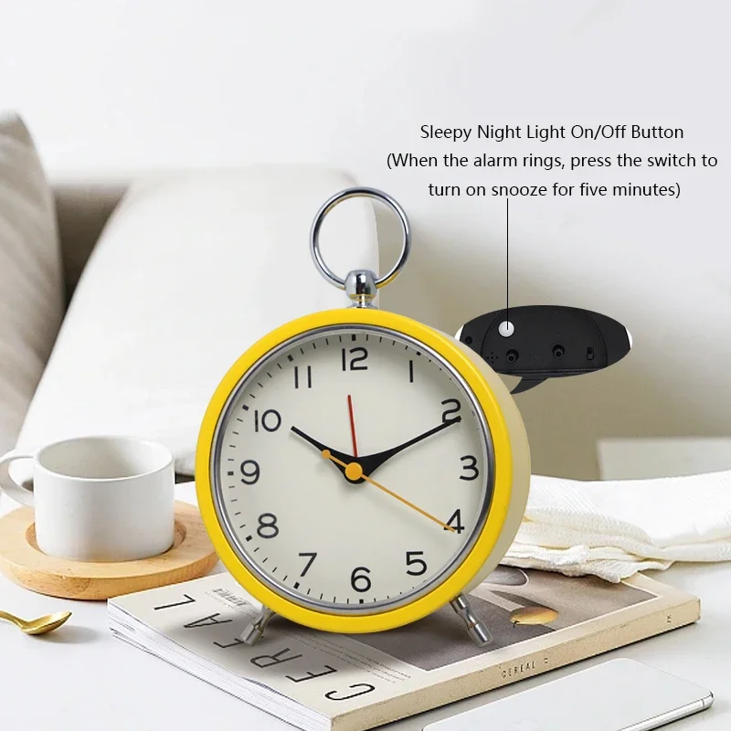 European style metal snooze alarm clock with simple hanging ring, quartz desk clock, creative luminous student pointer clock (sn