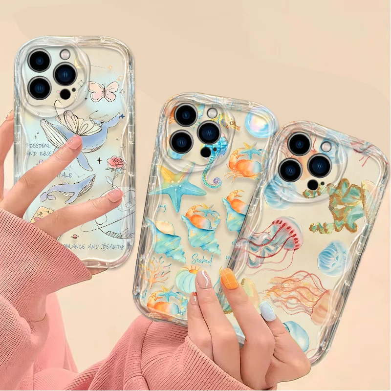 Cute Colorful Marine Organism Wave Case For iPhone 16 15 14 13 12 11 Pro Max X XR XS 8 7 Plus SE 2020 Shockproof Silicone Phone