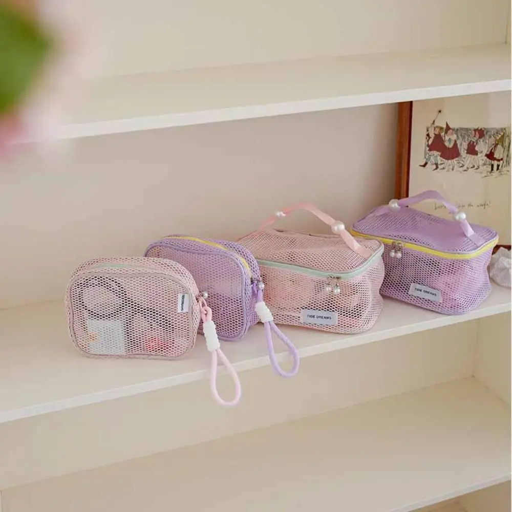 

Solid Color Mesh Cosmetic Bag Large Capacity Zipper Transparent Makeup Bag Organizer Case Storage Bag Pillow Makeup Pouch