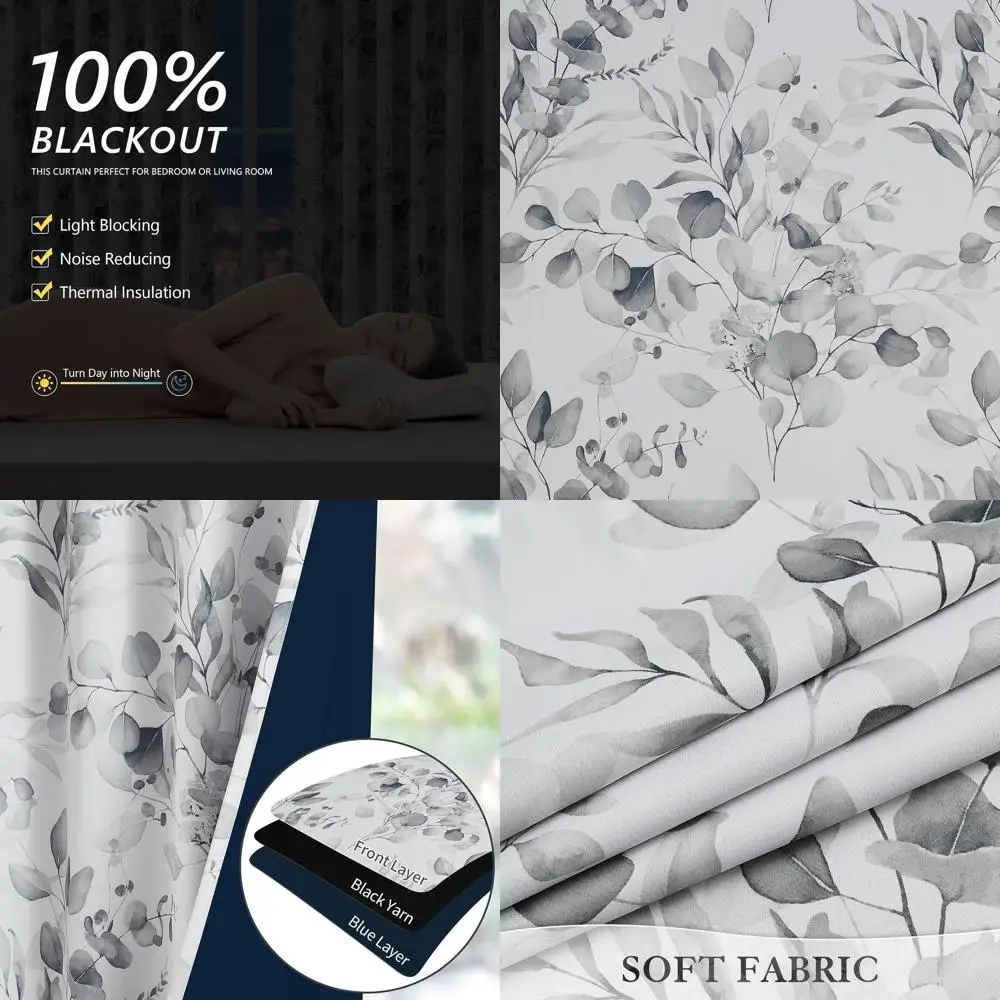 

Thermal Insulated Grey Floral 96 Watercolor Leaf Curtains for Bedroom and Living Room, 2-Panel Darkening Rod Pocket Drapes