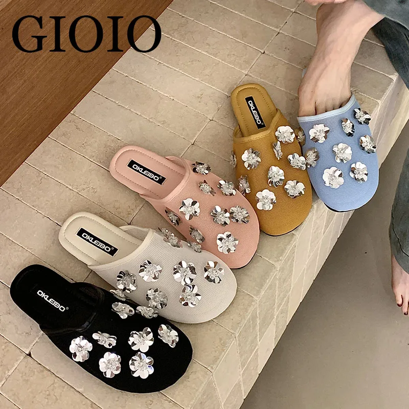 

Женские мюли GIOIO: Новые модные шлепанцы с цветами из страз, черные, без застежек, для женщин