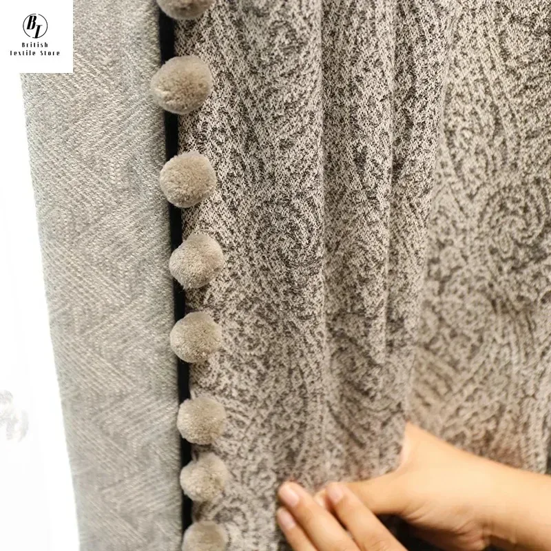 

Custom Size！！American Black Gray Jacquard Thickened Blackout Curtains for Living Room Bedroom French Window Elegant Decor