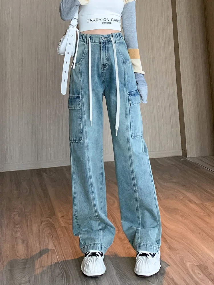 

Женские джинсы с высокой талией и эластичной резинкой на талии, повседневные свободные прямые джинсовые брюки, весенне-осенние брюки-карго, женские