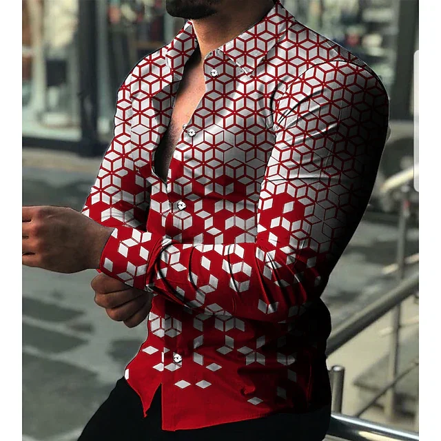 Camisa con estampado geométrico para hombre, ropa informal de manga larga con cuello geométrico y botones, moda de negocios