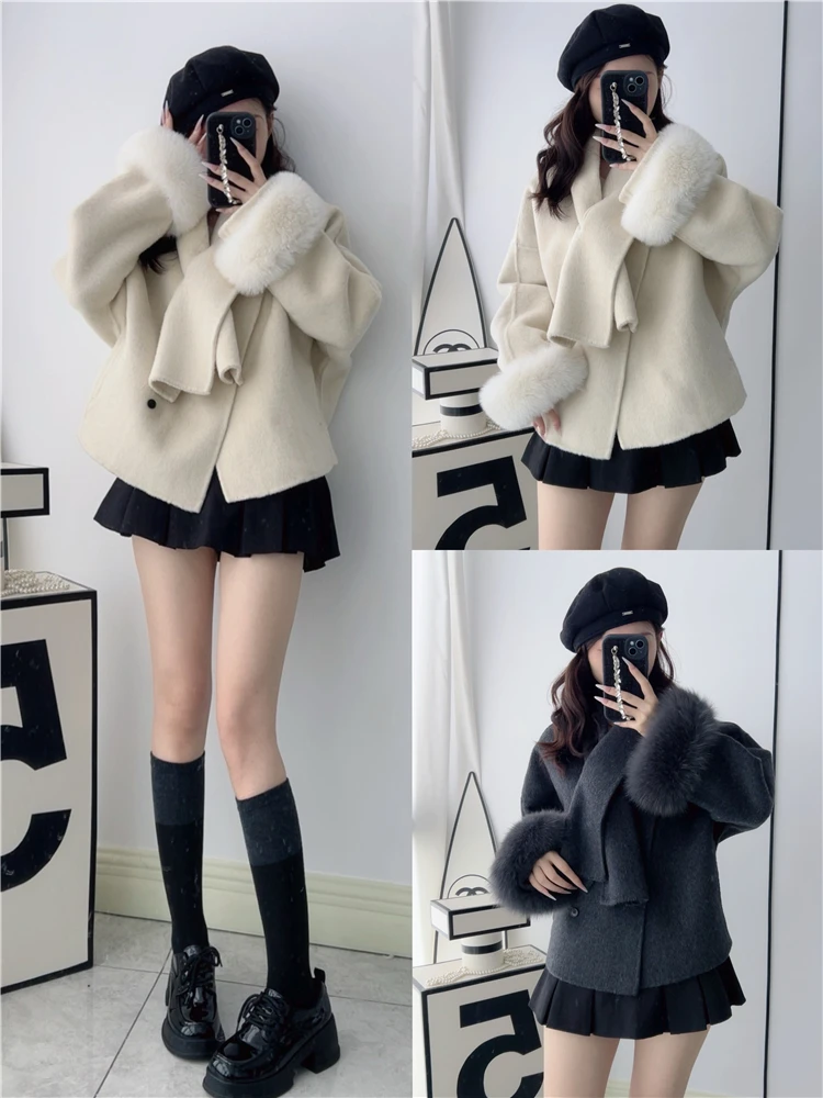 2024 New Women Cashmere Wool Woolen Jacket Luxury Real Natural Fox Fur Collar Coat Ladies Winter Outwear Coat