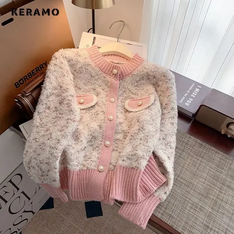 Women Luxury Sweet Knitted Round Neck Long Sleeve Cardigans 2025 Winter Casual Single Breasted Patchwork Fashion Elegant Sweater