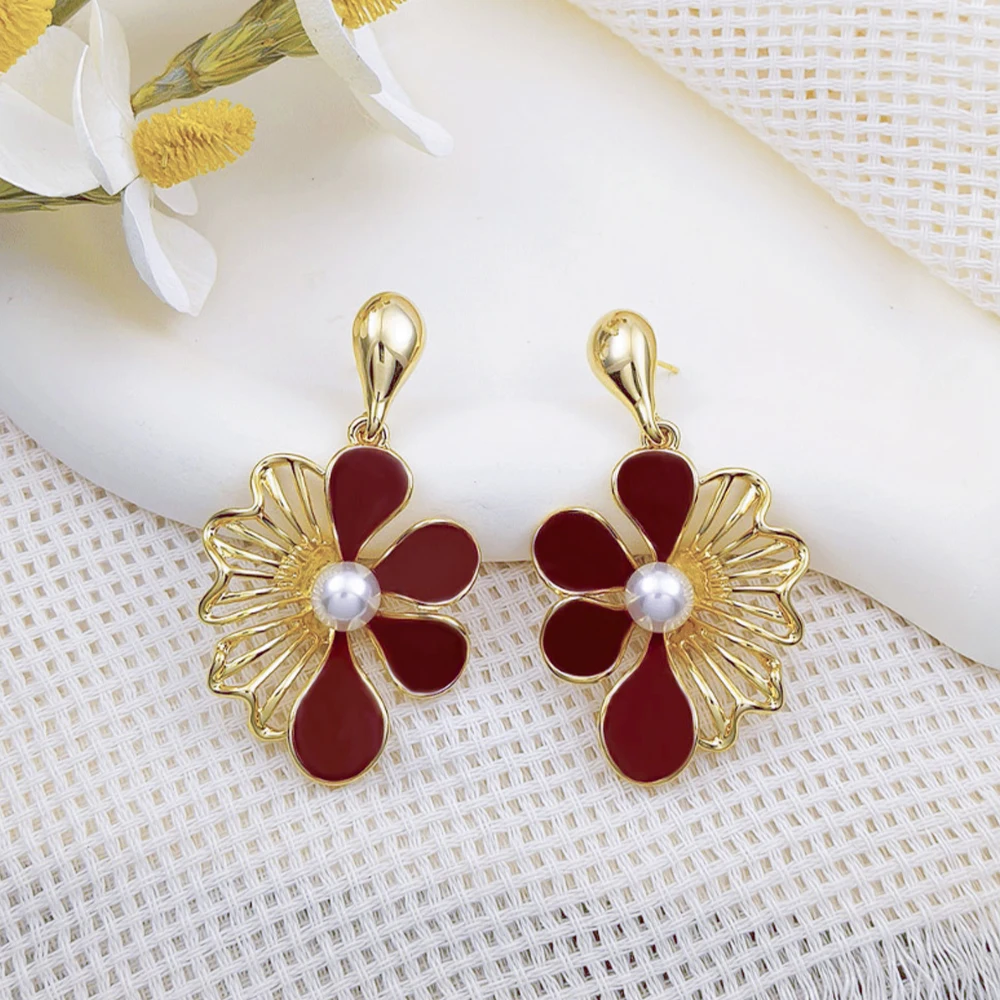 Fashion Flower Red Earrings Jewelry Hollow Earring Sets Versatile Classics for Girls Bohemia Newest Vintage Design Daily Wedding