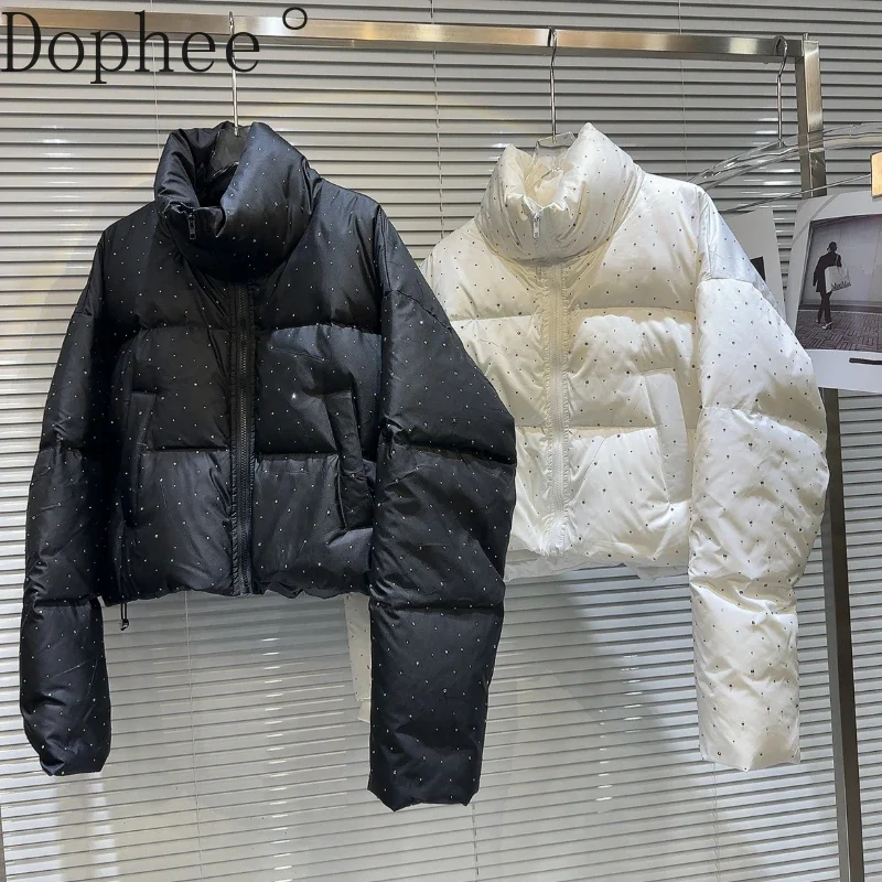 Full Diamond Hot Drill Women Parkas Autumn Winter Stand Collar Spice Girls Bread Coat Warm Streetwear 90% White Duck Down Jacket