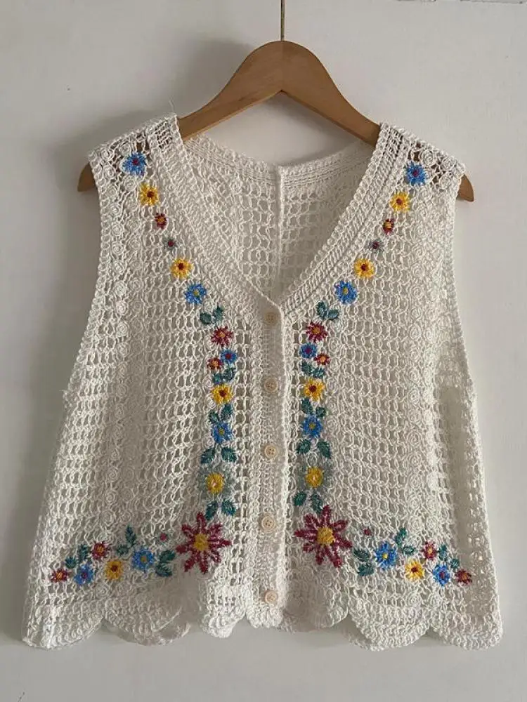 

Летние бежевые и белые цветочные лоскутные вязаные элегантные топы без рукавов для женщин с v-образным вырезом, однобортный жилет в стиле бохо, одежда