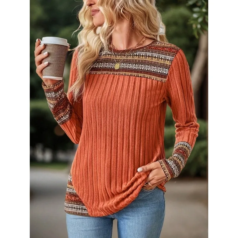 

Плюс размер 1XL-5XL, женская модная футболка с круглым вырезом и принтом, топы, женская повседневная удобная футболка с длинными рукавами