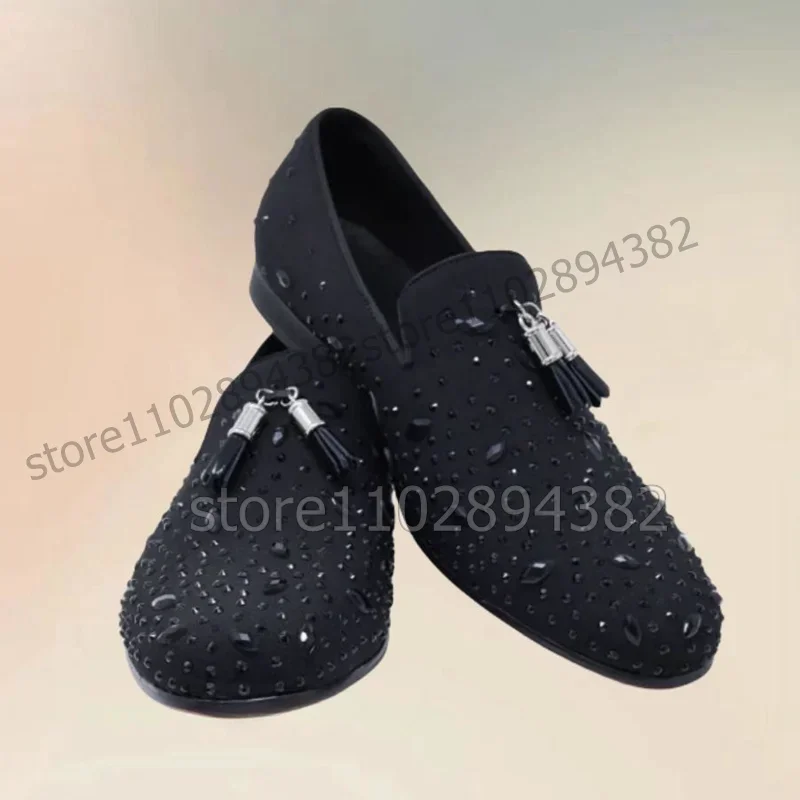 

Black Rhinestone Leather Tassels Decor Men Loafers Fashion Slip On Men Shoes Luxury Handmade Party Feast Office Men Casual Shoes