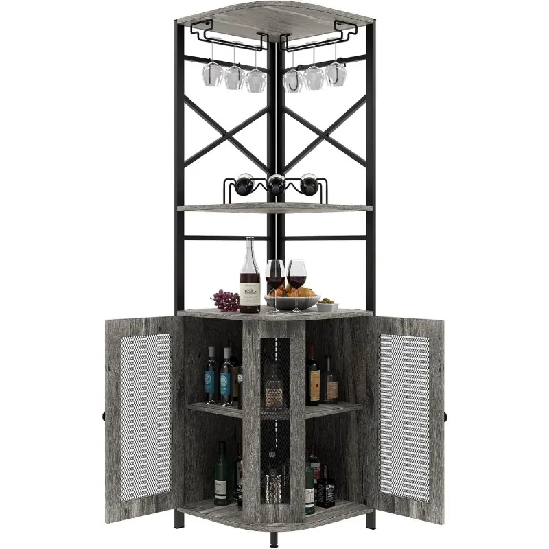 

6 Tier Corner Bar Cabinet with Glass Holder, Storage Cabinet with Door and Shelves , Corner Shelf with Wine Rack Display