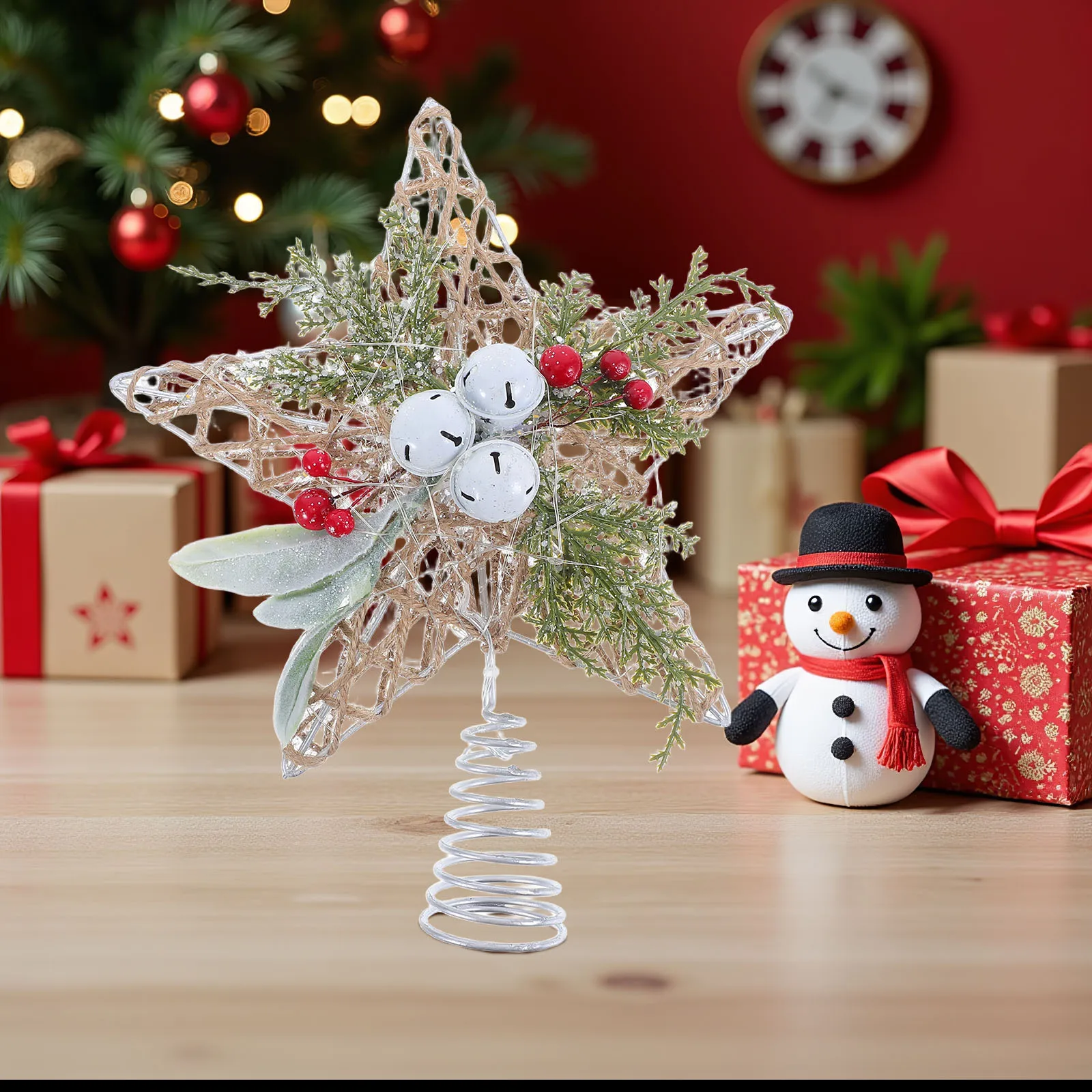 

Iron Bell Tree Topper Star Jute Rope Five-Pointed Lighted Christmas Decoration For Holiday Farmhouse Party Decor Metal