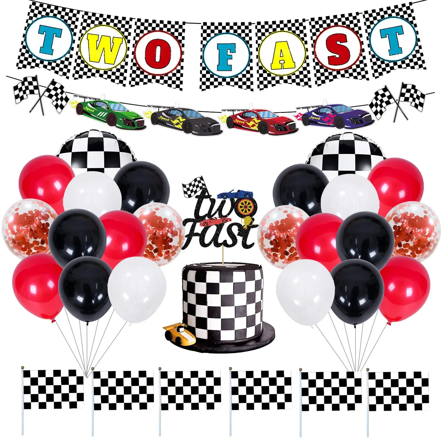 

Racing Birthday Party Decor with Two Fast Happy Birthday Banner Black White Checkerboard Wreath Car Theme Birthday Supplies