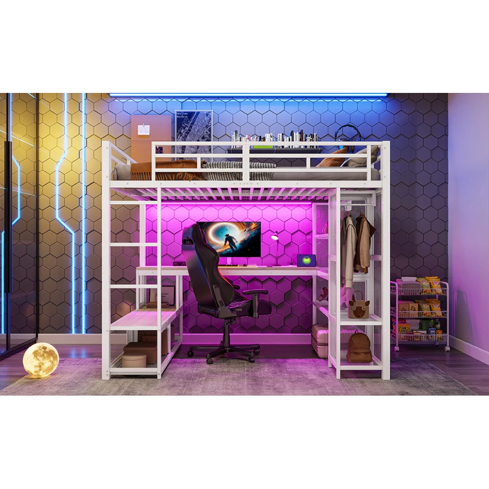 140 x 200 cm großes Hochbett aus Metall mit Stauraum und offenem Kleiderschrank, Kinderzimmerbett mit USB-Anschluss und LED-Beleuchtung, Schwarz/Weiß – Detail 29