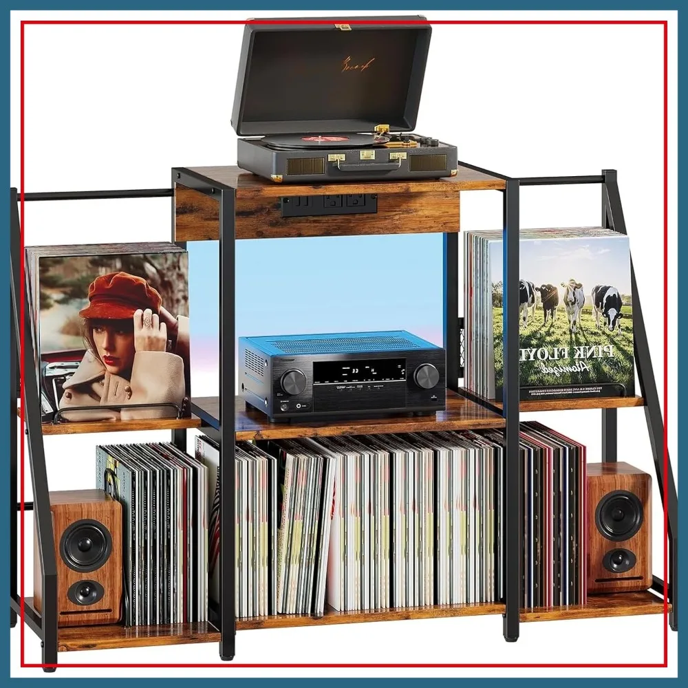 

Record Player Stand with Power Outlets and LED Light, Holds Up to 300 Albums, Vintage Turntable Table for Living Room