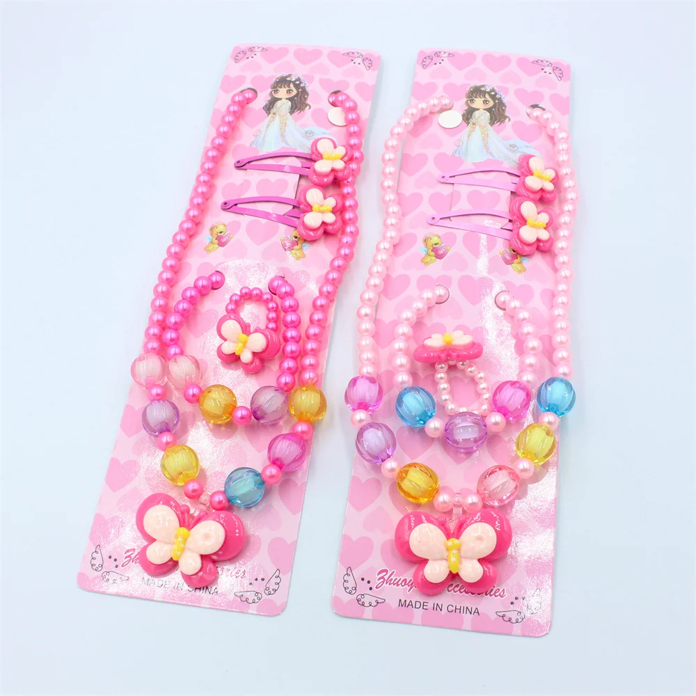 1 ensemble de bijoux en perles faits à la main pour filles, collier, Bracelet, bague et pince à cheveux papillon, cadeau de princesse parfait