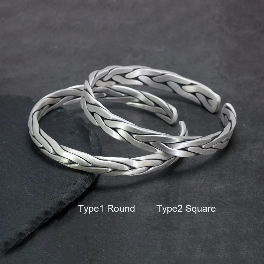 Heavy Solid 999 Pure Silver Twisted Bangles For Men Women Handcrafted Viking Armband Man Cuff Bangles