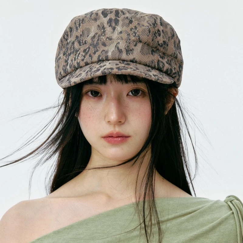 Retro Leopard Print Flat Top Newsboy Cap Women's Spring and Summer Street Y2k Beret Outdoor Sun Protection Casual Painter Hat