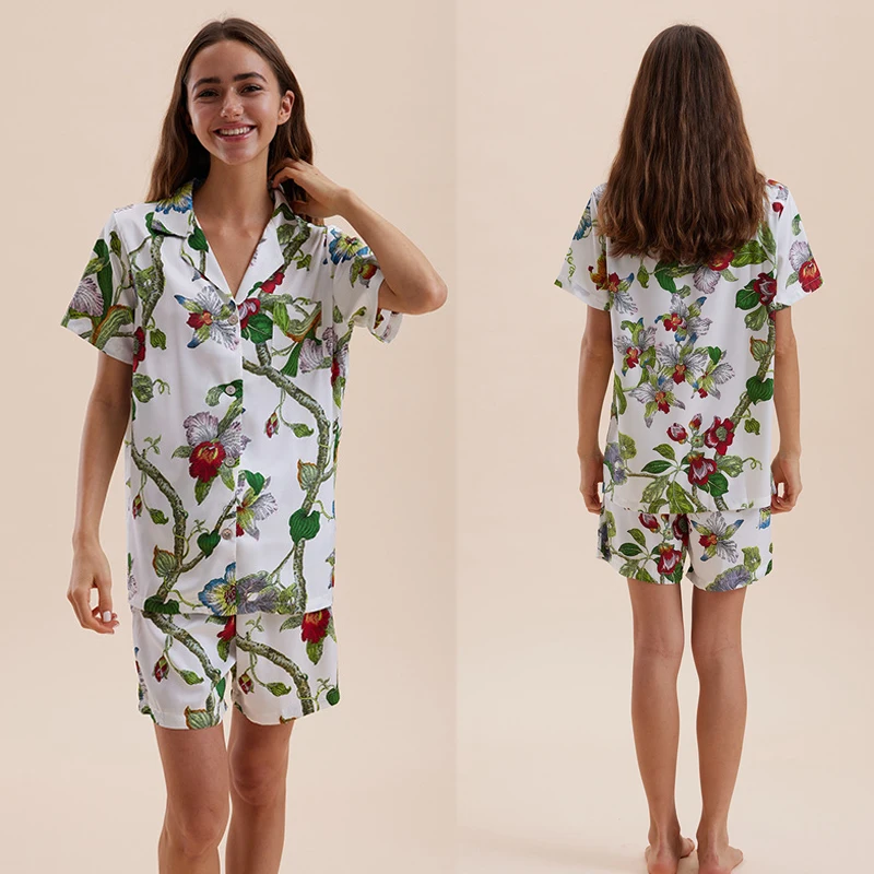 Women Satin Print Pajamas Short Sleeve Shorts Home Wear Suit Sexy Casual Sleepwear Lapel Loose Home Clothes Nightwear Chemise