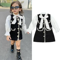 Fashion Girls Dress 1-6Y Kids Autumn Princess Party Children Girl Dresses Long Sleeve Pearls Single-breasted Dress with Bow