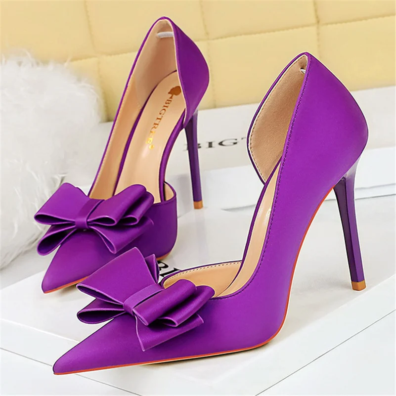 Women 10.5cm High Heels Satin Silk Butterfly Knot Purple Pumps Lady Wedding Bridal Escarpin Blue Green Peach Fashion Party Shoes