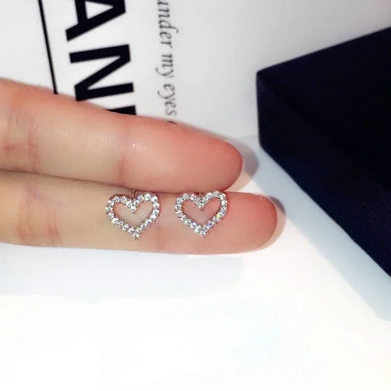 Korean Earrings S925 Silver Color Heart Bling Zircon Stone Stud Earrings for Women Fashion Jewelry Trend