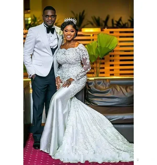 تخصيص فتاة الأفريقية حجم كبير مغرفة الرقبة فستان الزفاف الأكمام الطويلة الدانتيل زين مطرز الساتان حورية البحر ثوب زفاف Vestido #2