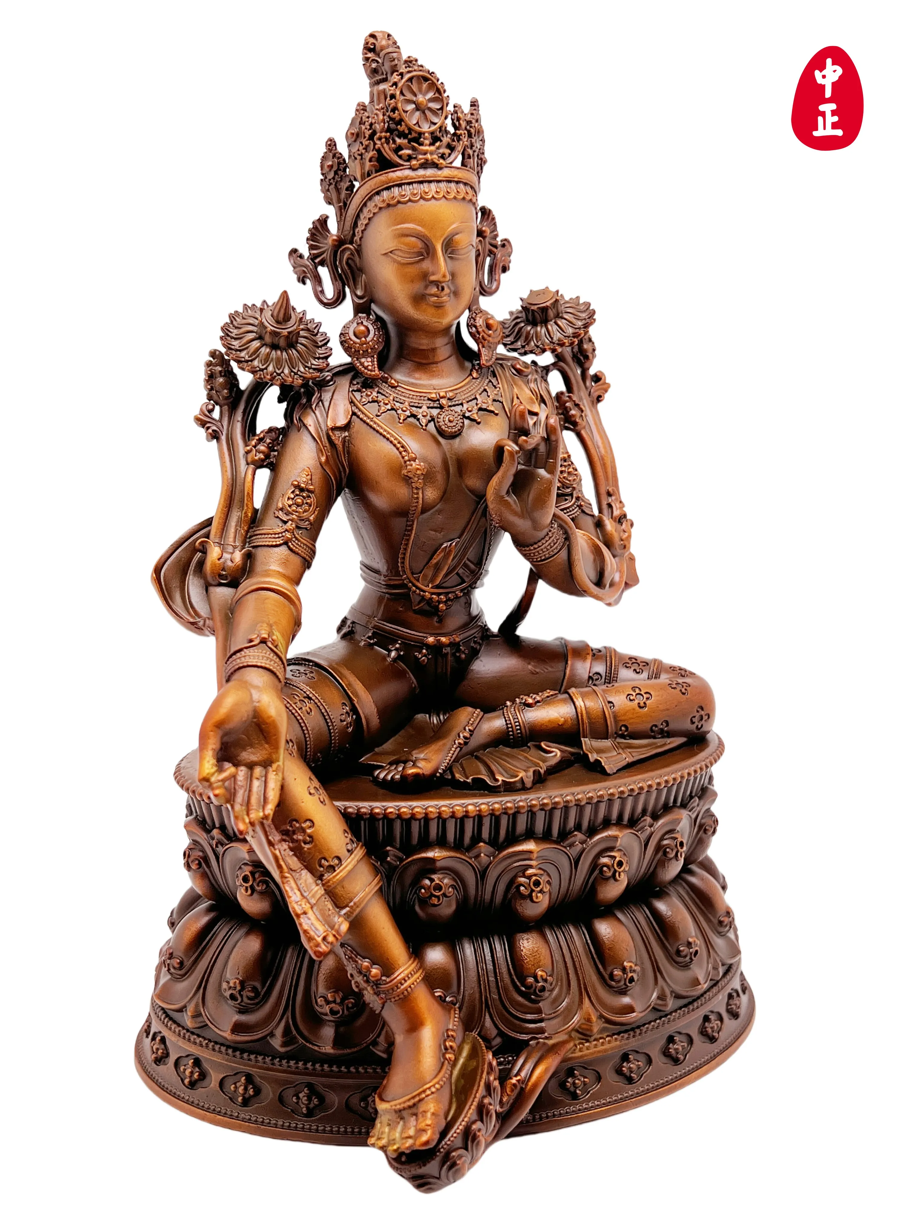 Green Tara 21cm Snowbank White Style Chinese Formal Statue Red Copper Material Support Customized Crafts Sculpture Ornament