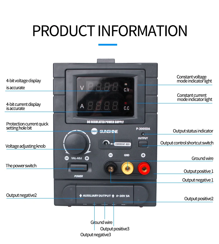 

Sunshine P-3005DA DC Regulated Power Supply Adjustable 30V 5A for Mobile Phone Repair Intelligent Power Source Tools