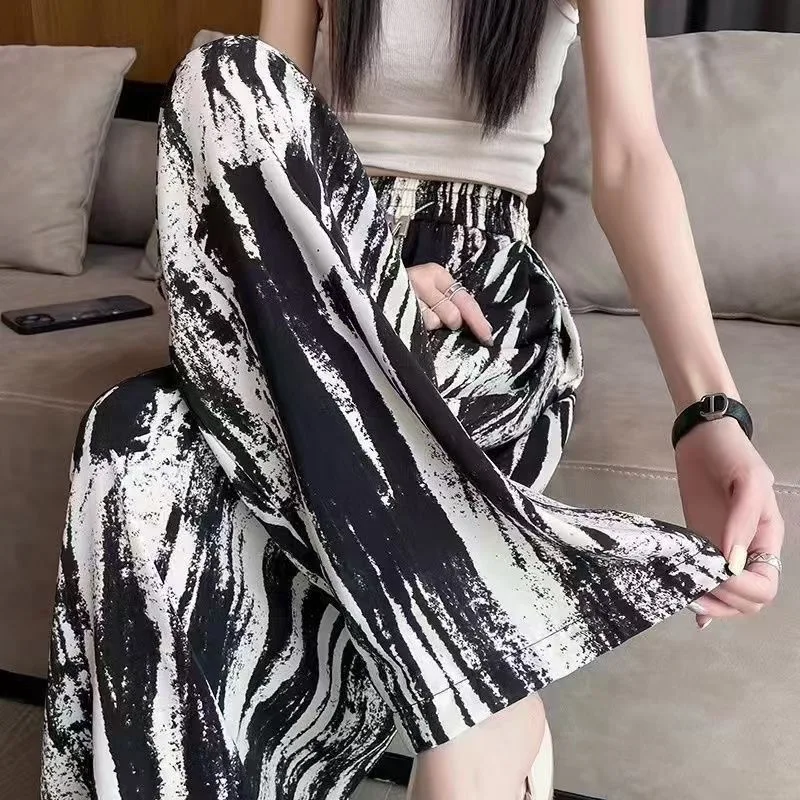 Ice Silk Chinese Style Shui Ink Printed Retro Wide Leg Pants For Women\'s Summer New Loose High Waist Draping Straight Tube Cool