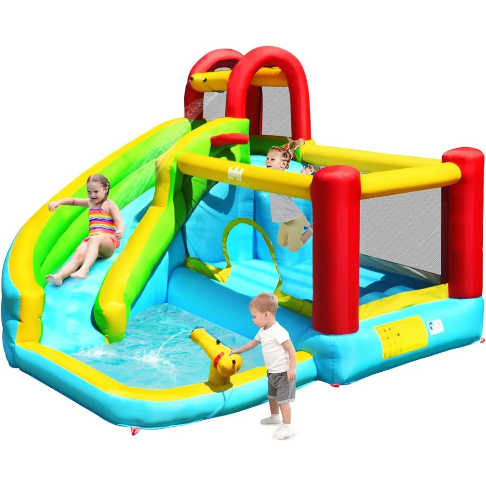Scivolo gonfiabile per acqua e casa rimbalzante per bambini con piscina antispruzzo e parete da arrampicata