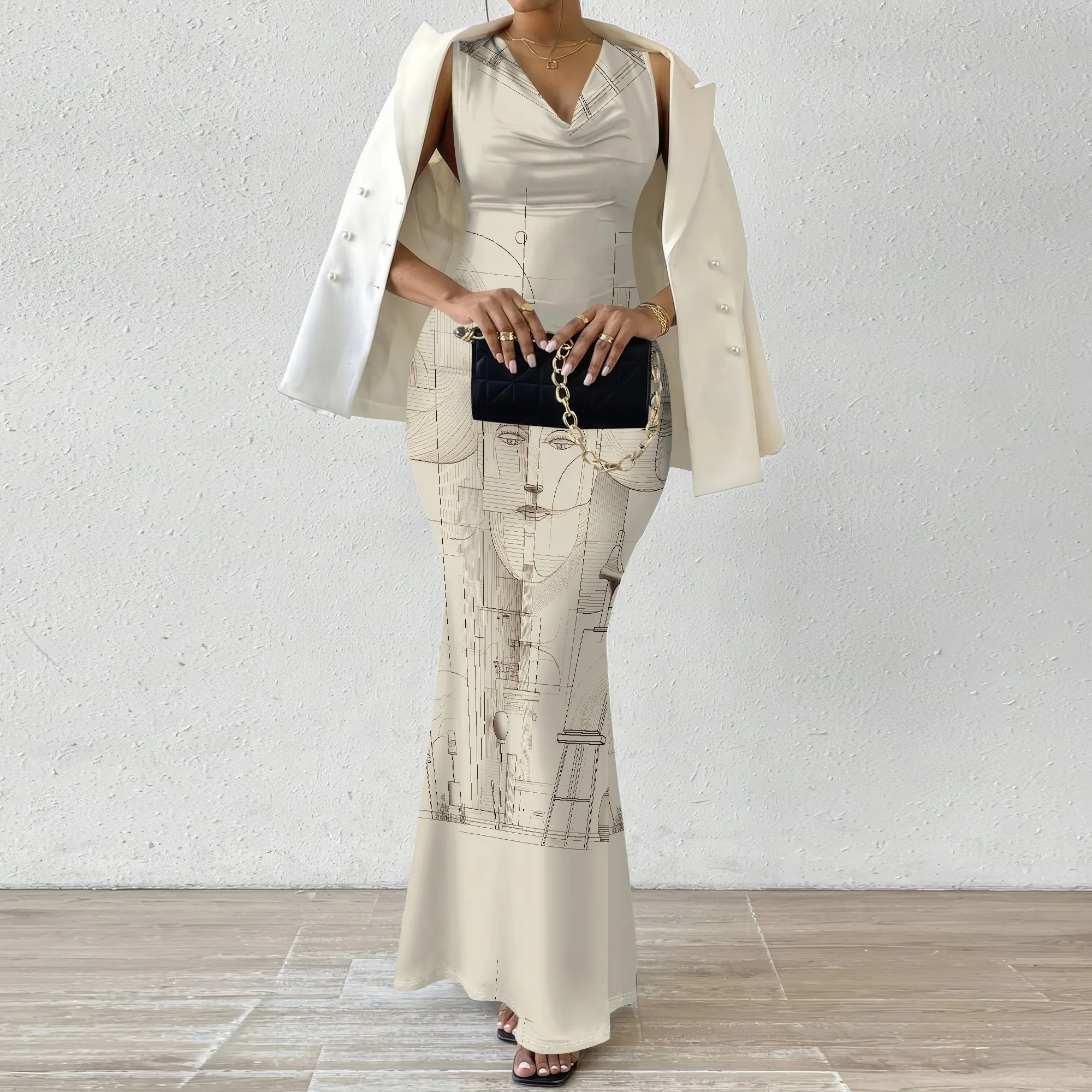 

Women’s Elegant Print Mermaid Maxi Dress XS-3XL Sleeveless Cowl Neck Slim Fit Long Dress Summer Evening Party Outfit