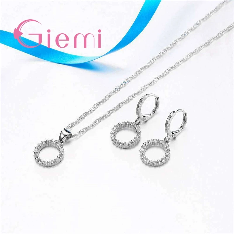 Pure 925 Sterling Silver Cubic Zircon Pendant Necklace Hoop Earrings for Women Lucky Forever Circular Full Crystal Jewelry Sets