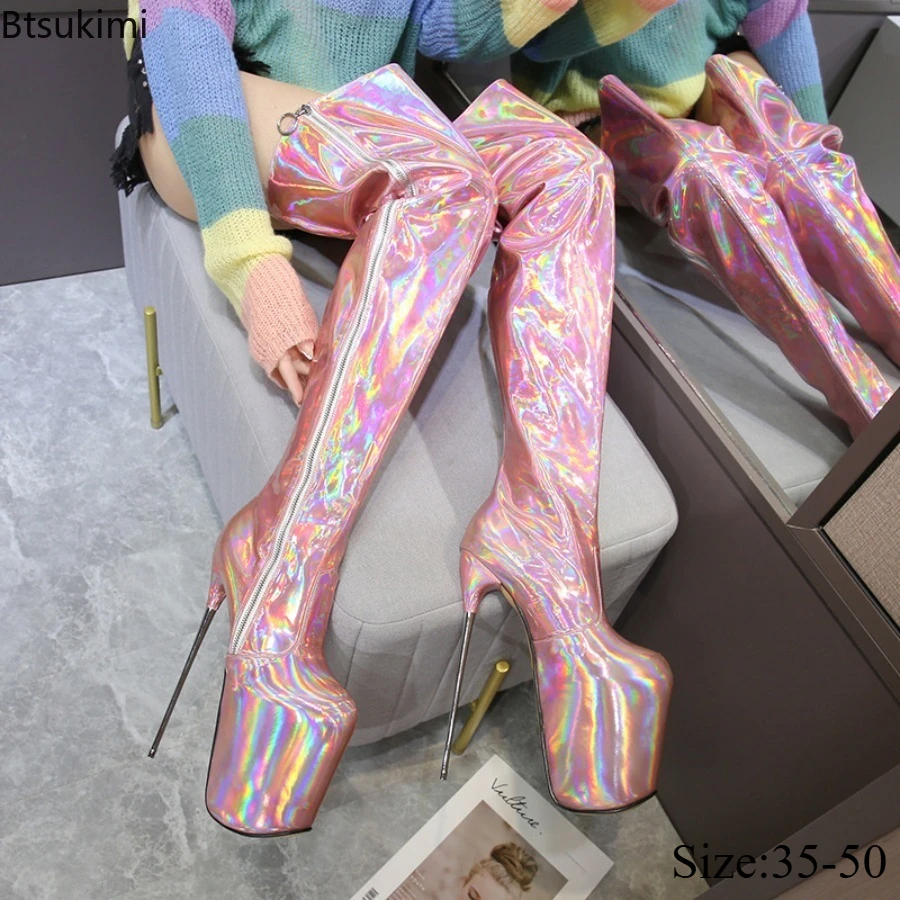 Women's Slim High-heeled Knee High Boots 20cm Slim Heel Thick Sole Colorful Long Tube Boots Large Sexy Steel Tube Dance Shoes