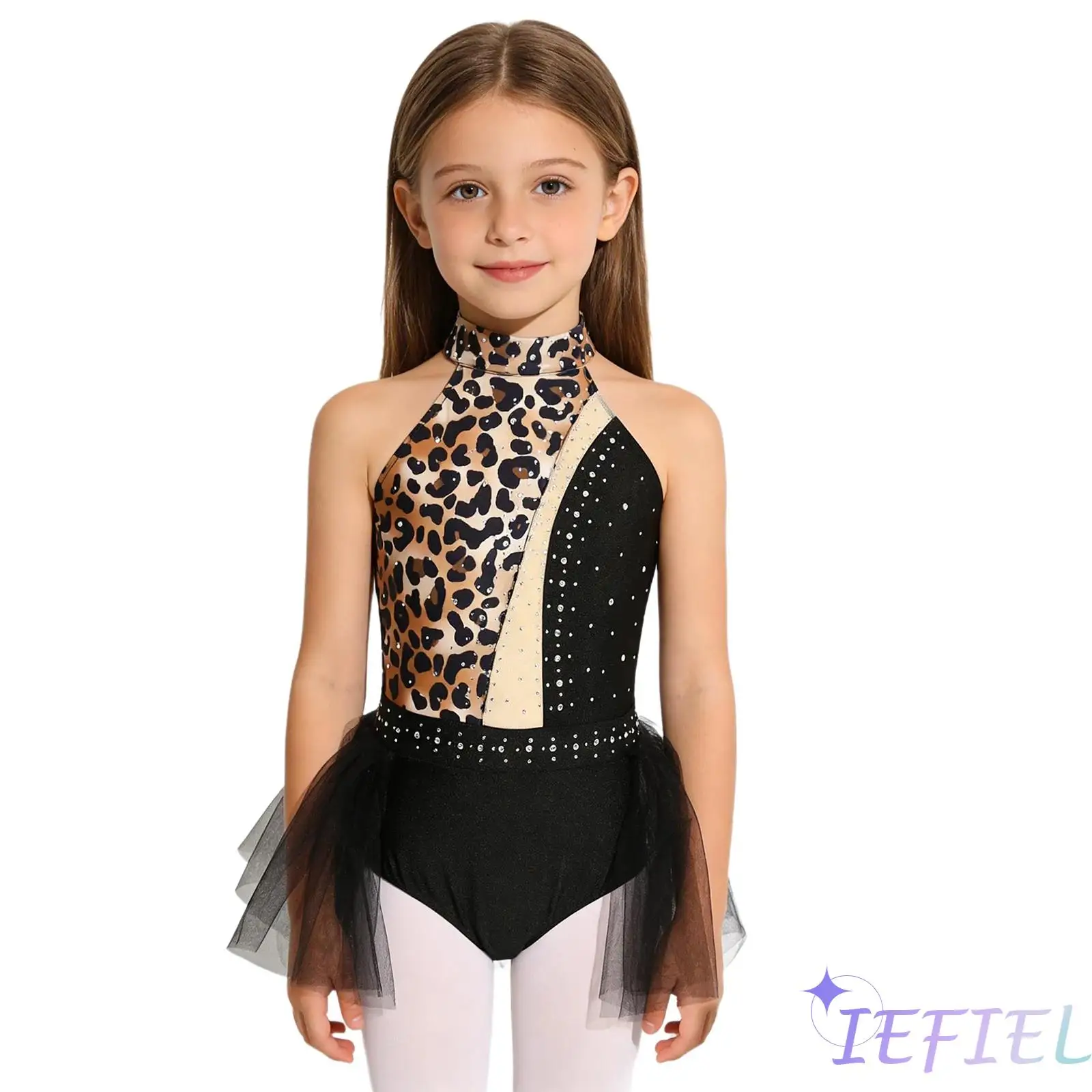 

Leopard Print Caveman Costume for Girl Sleeveless Shiny Rhinestone Mesh Ballet Gymnastic Leotard Jumpsuit for Halloween Carnival