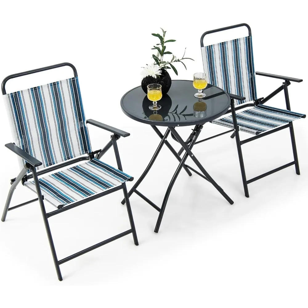 

3 Piece Outdoor Folding Chair Set, 2 Folding Chairs with Folding Table, Heavy-Duty Metal Frame, Outdoor Dining Chair Set, Porta